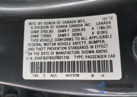 2012 Honda Civic Ex from USA, damaged, VIN 2HGFB2F85CH601256